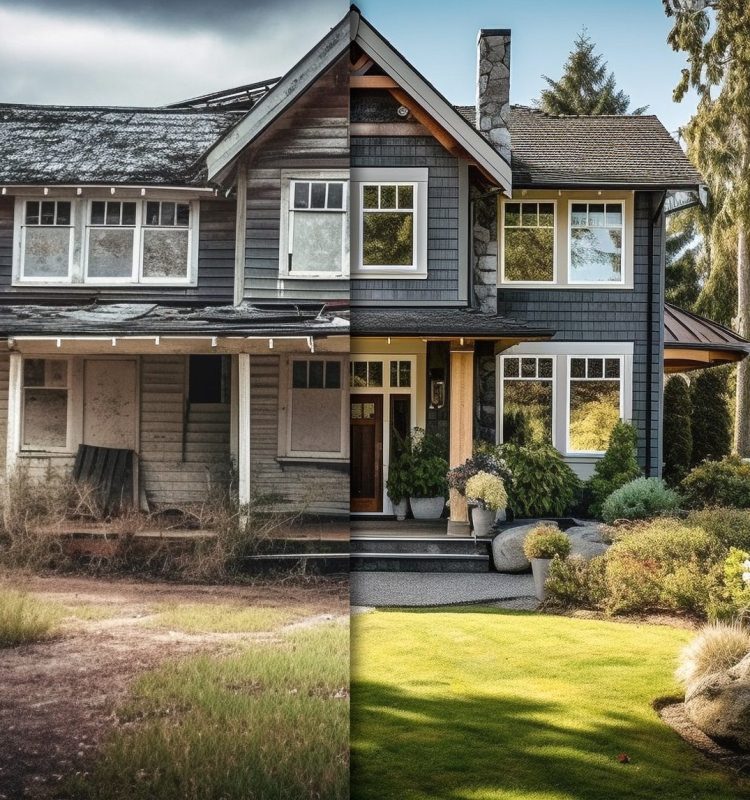 Run-down Country House Before And After Renovation Construction - Generative AI.