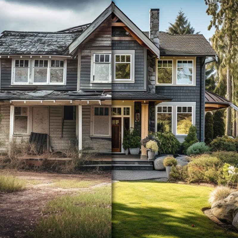 Run-down Country House Before And After Renovation Construction - Generative AI.
